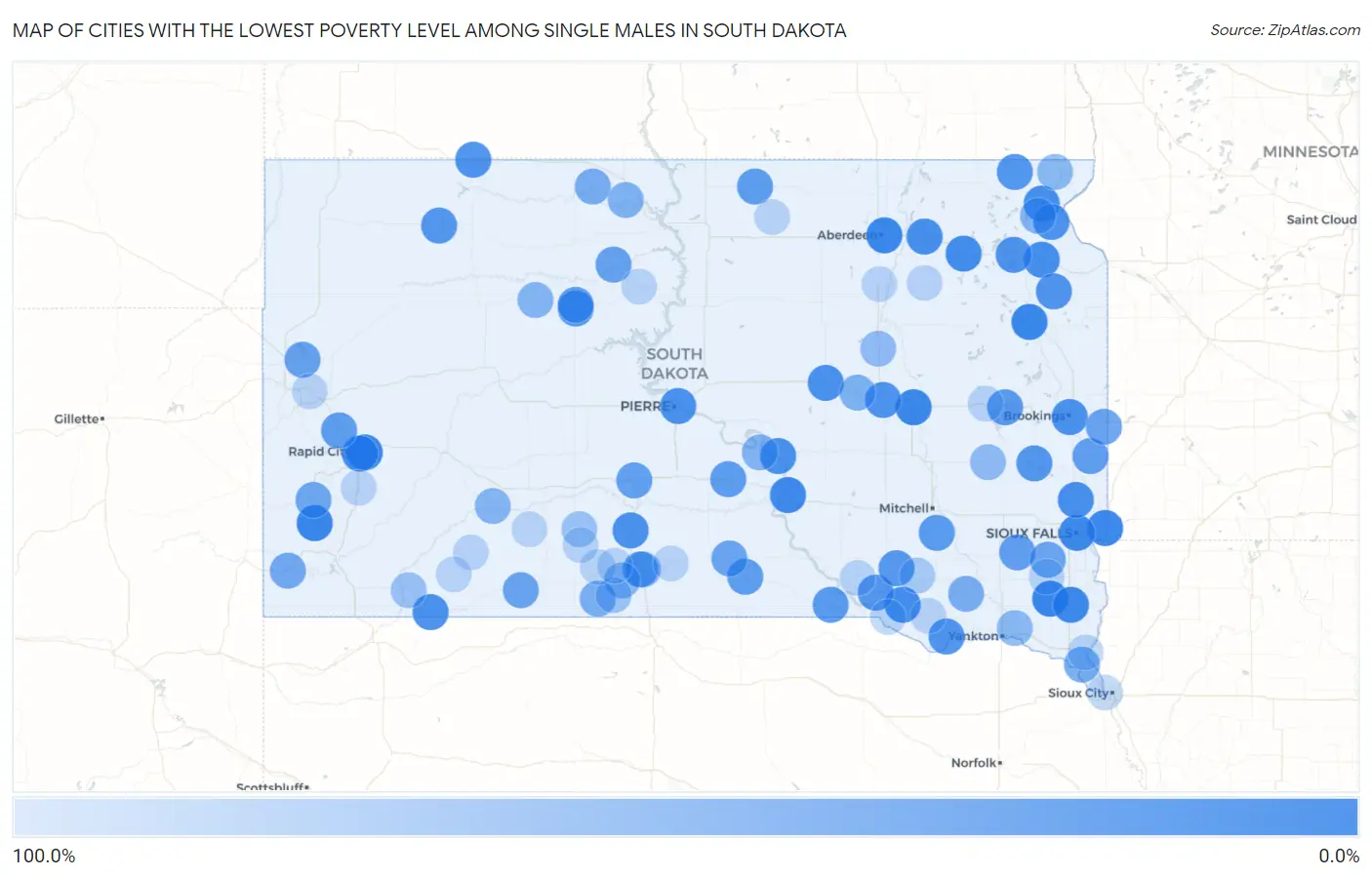 Cities with the Lowest Poverty Level Among Single Males in South Dakota Map