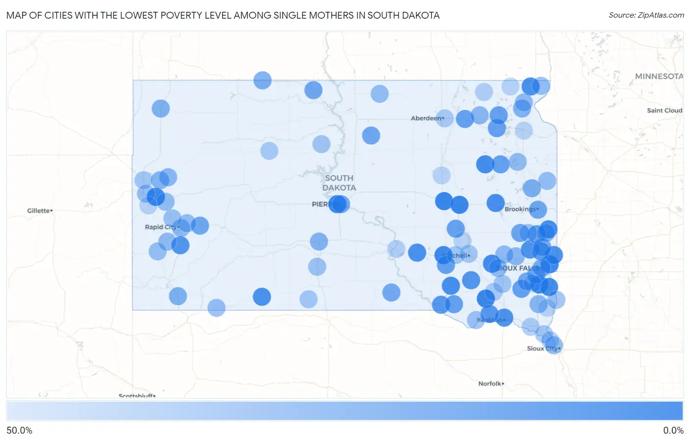 Cities with the Lowest Poverty Level Among Single Mothers in South Dakota Map