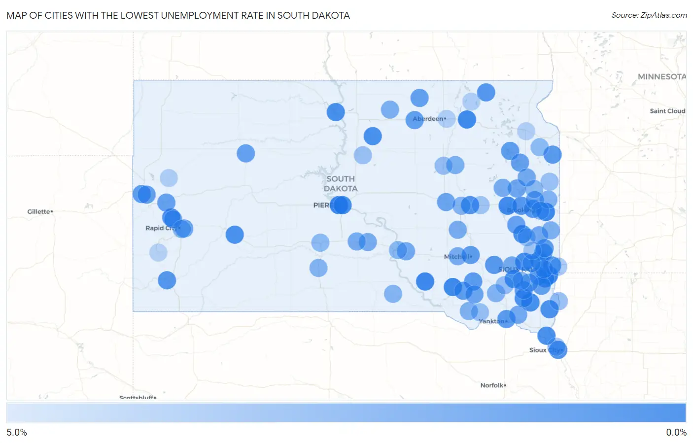 Cities with the Lowest Unemployment Rate in South Dakota Map