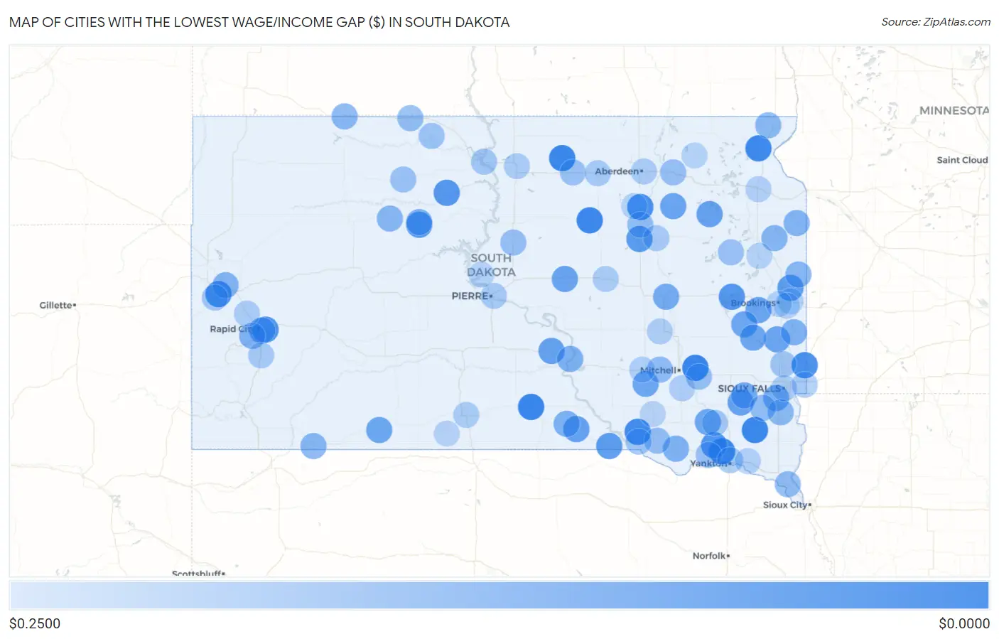 Cities with the Lowest Wage/Income Gap ($) in South Dakota Map