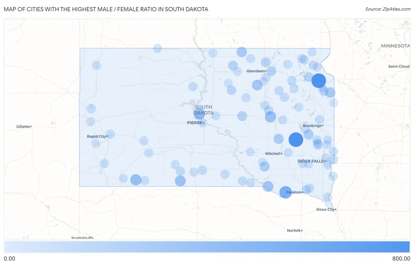 Cities with the Highest Male / Female Ratio in South Dakota Map