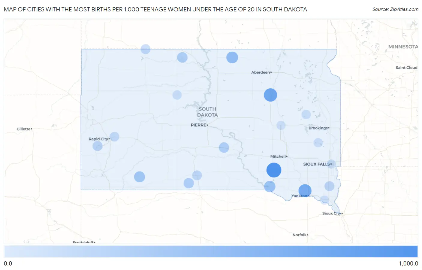 Cities with the Most Births per 1,000 Teenage Women Under the Age of 20 in South Dakota Map