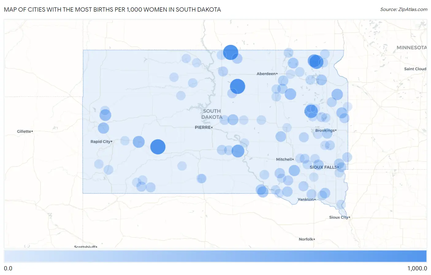 Cities with the Most Births per 1,000 Women in South Dakota Map