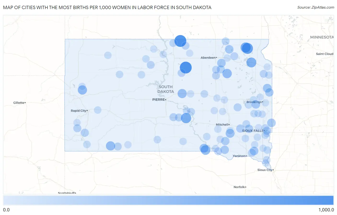Cities with the Most Births per 1,000 Women in Labor Force in South Dakota Map