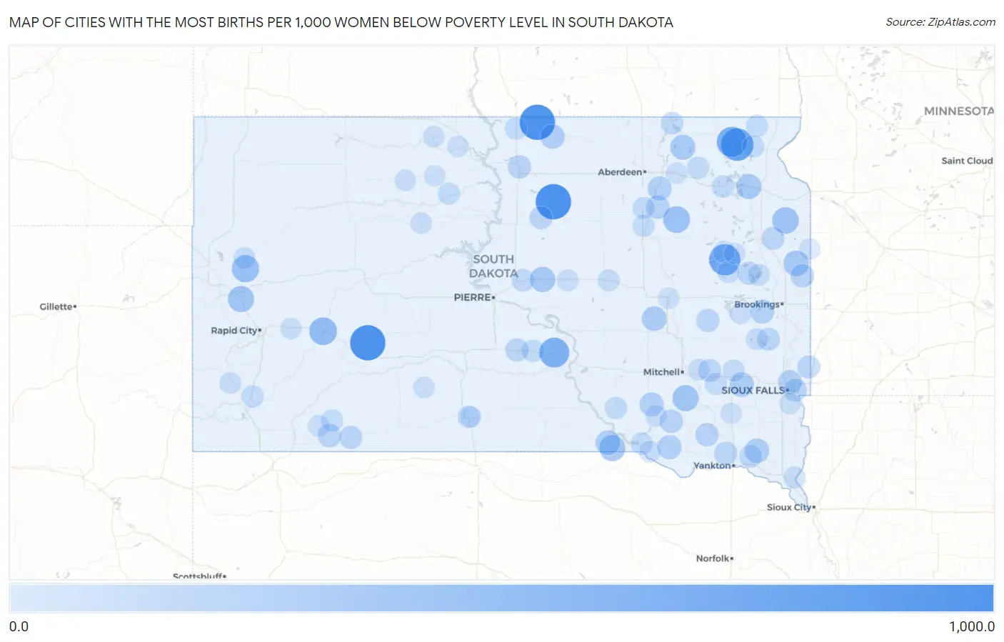 Cities with the Most Births per 1,000 Women Below Poverty Level in South Dakota Map