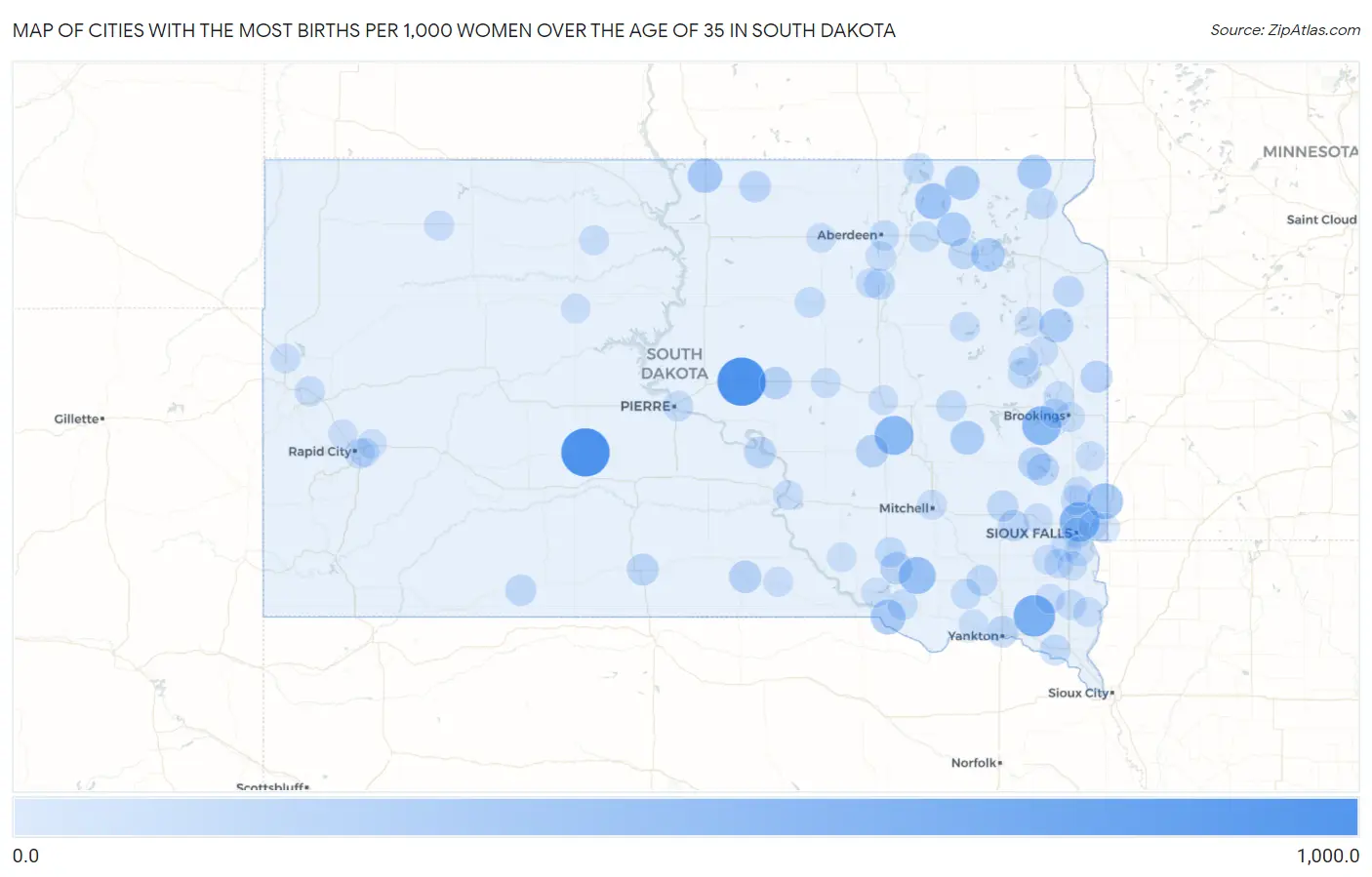 Cities with the Most Births per 1,000 Women Over the Age of 35 in South Dakota Map
