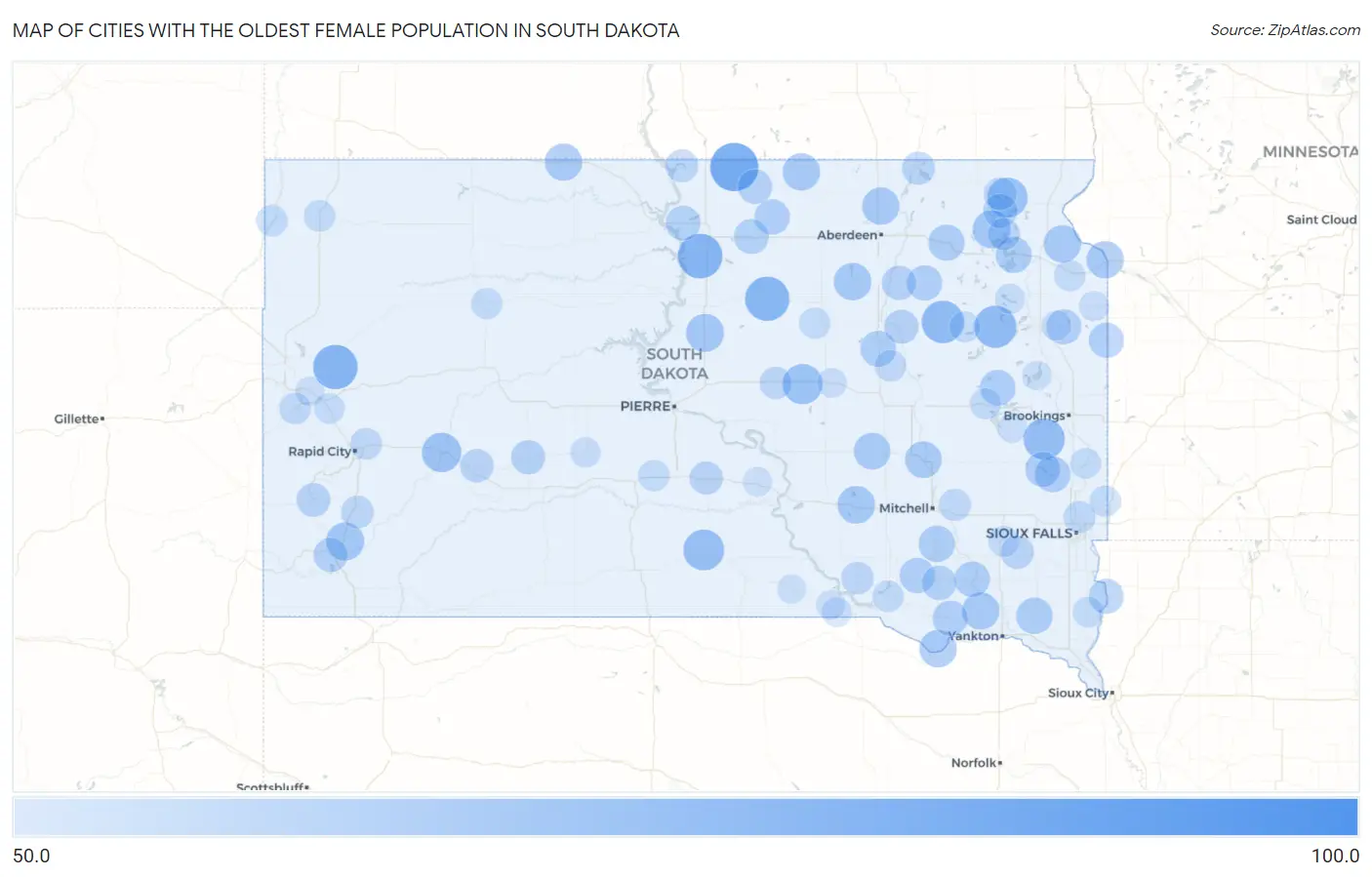 Cities with the Oldest Female Population in South Dakota Map
