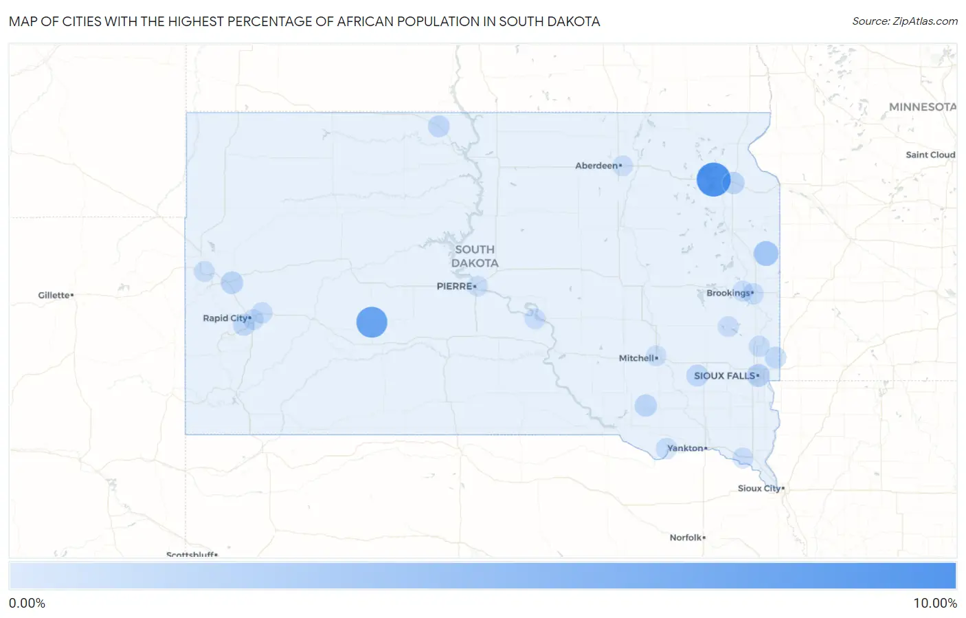 Cities with the Highest Percentage of African Population in South Dakota Map