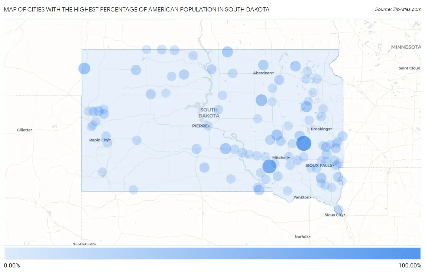 Cities with the Highest Percentage of American Population in South Dakota Map