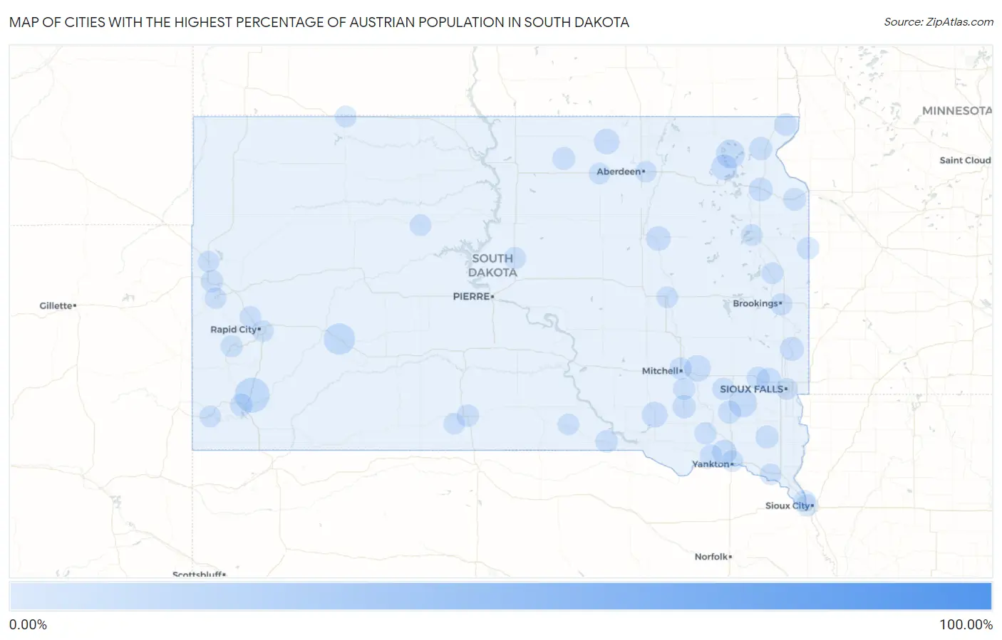 Cities with the Highest Percentage of Austrian Population in South Dakota Map