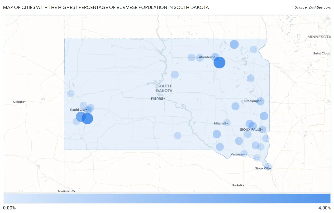 Cities with the Highest Percentage of Burmese Population in South Dakota Map