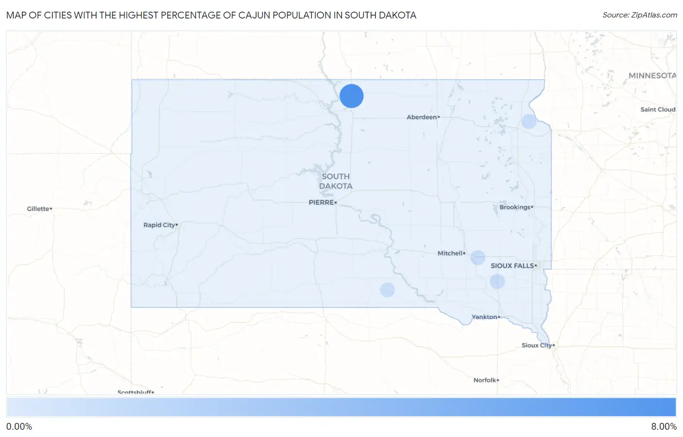 Cities with the Highest Percentage of Cajun Population in South Dakota Map