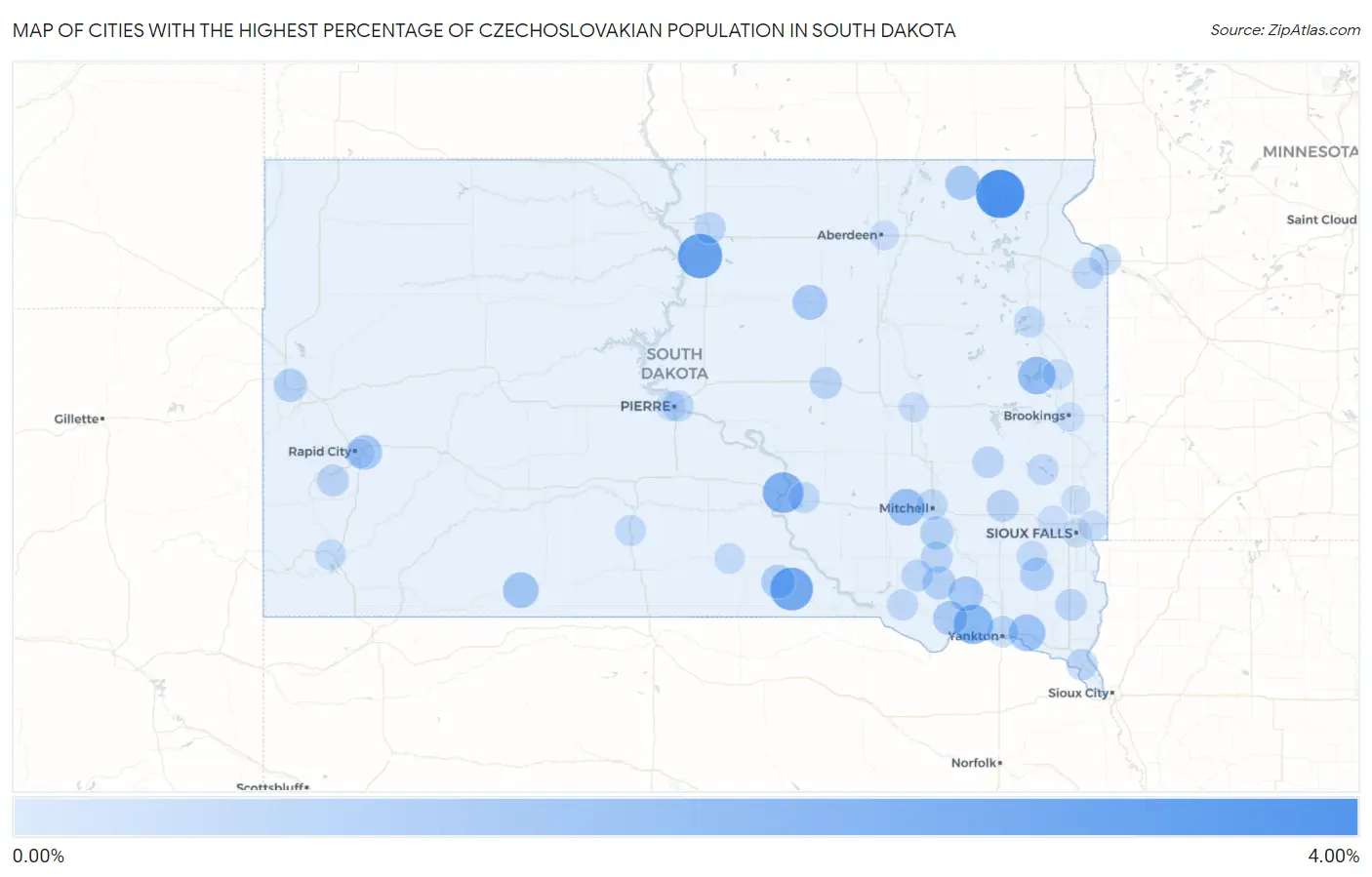 Cities with the Highest Percentage of Czechoslovakian Population in South Dakota Map