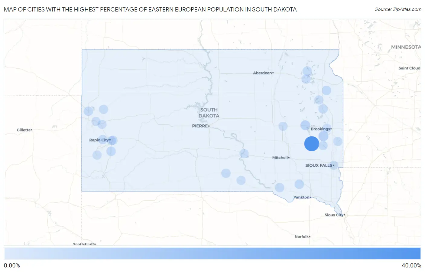 Cities with the Highest Percentage of Eastern European Population in South Dakota Map