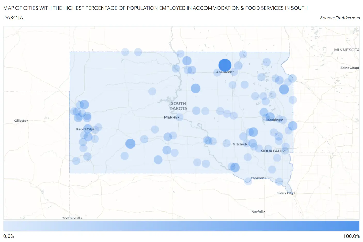 Cities with the Highest Percentage of Population Employed in Accommodation & Food Services in South Dakota Map