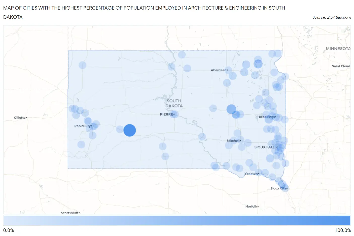 Cities with the Highest Percentage of Population Employed in Architecture & Engineering in South Dakota Map