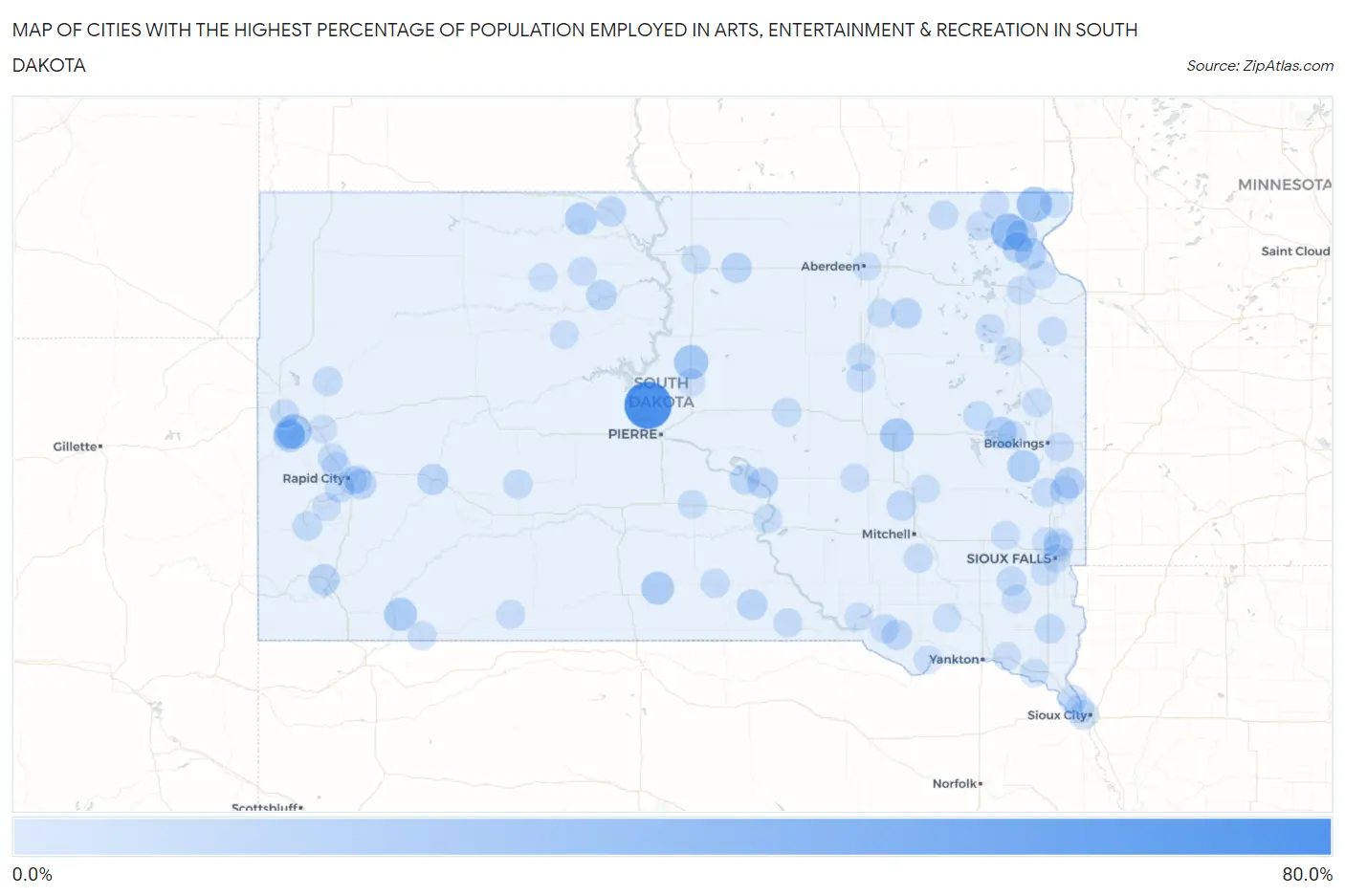 Cities with the Highest Percentage of Population Employed in Arts, Entertainment & Recreation in South Dakota Map