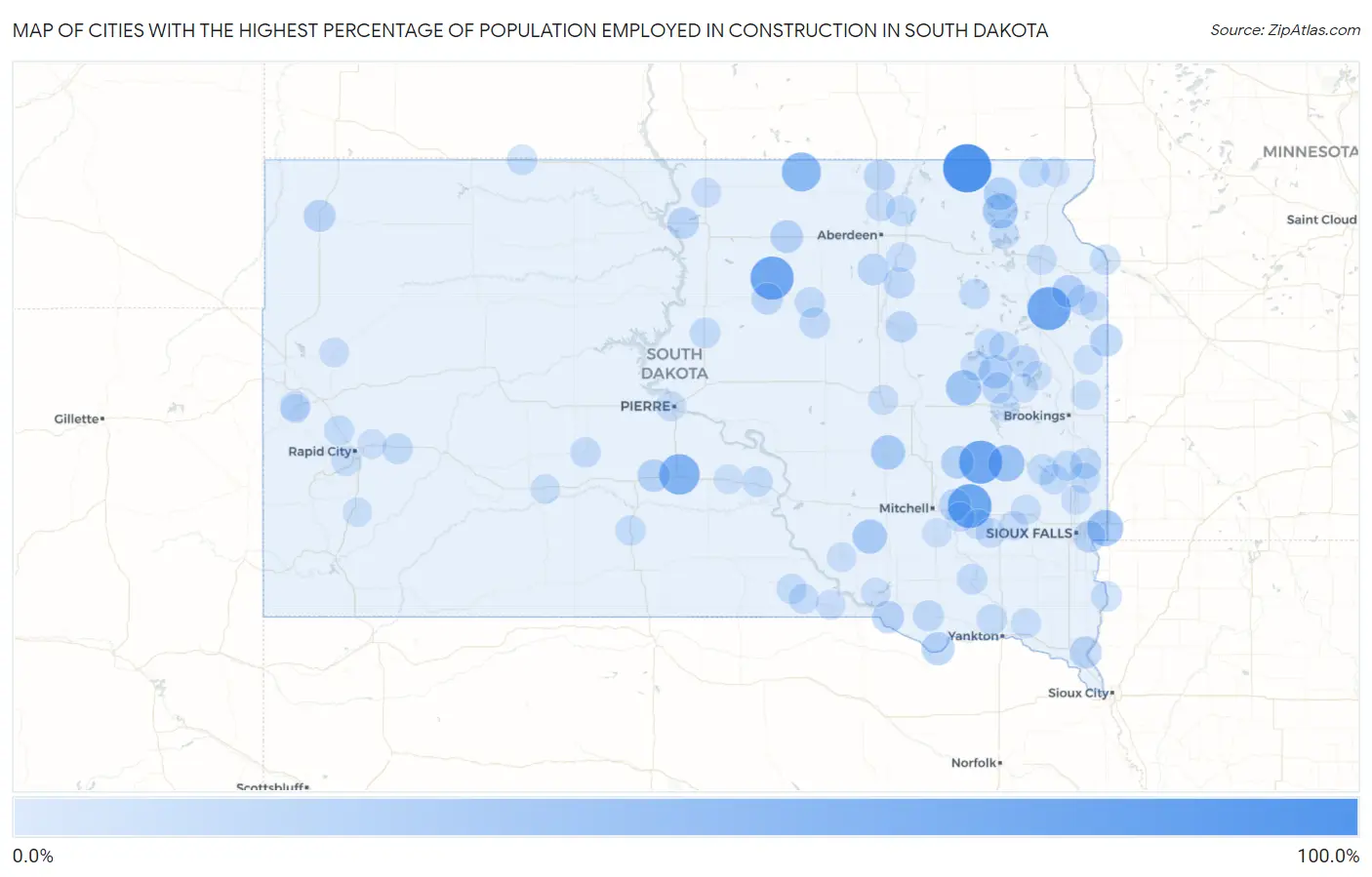 Cities with the Highest Percentage of Population Employed in Construction in South Dakota Map