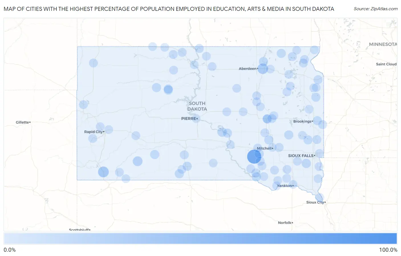 Cities with the Highest Percentage of Population Employed in Education, Arts & Media in South Dakota Map