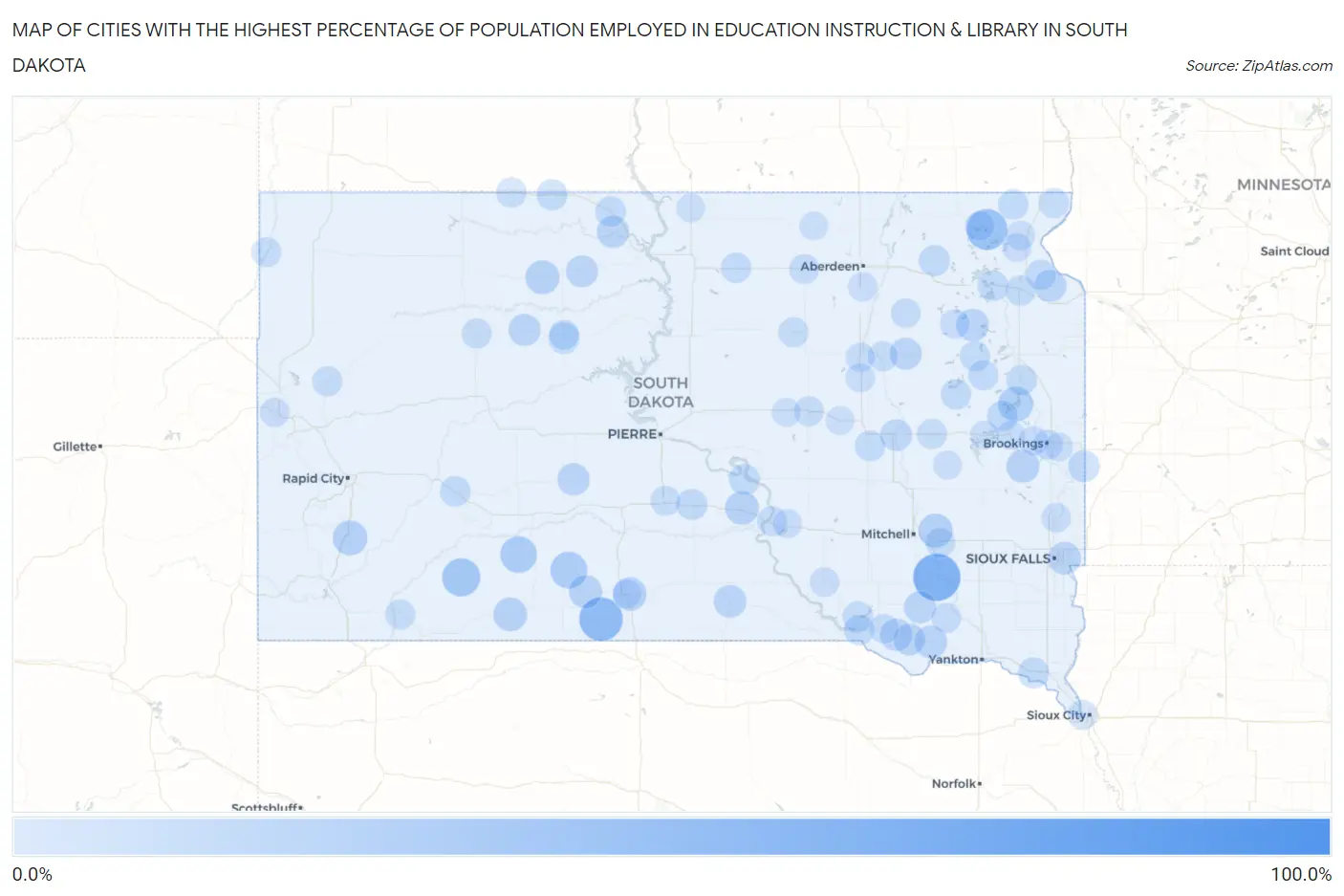 Cities with the Highest Percentage of Population Employed in Education Instruction & Library in South Dakota Map