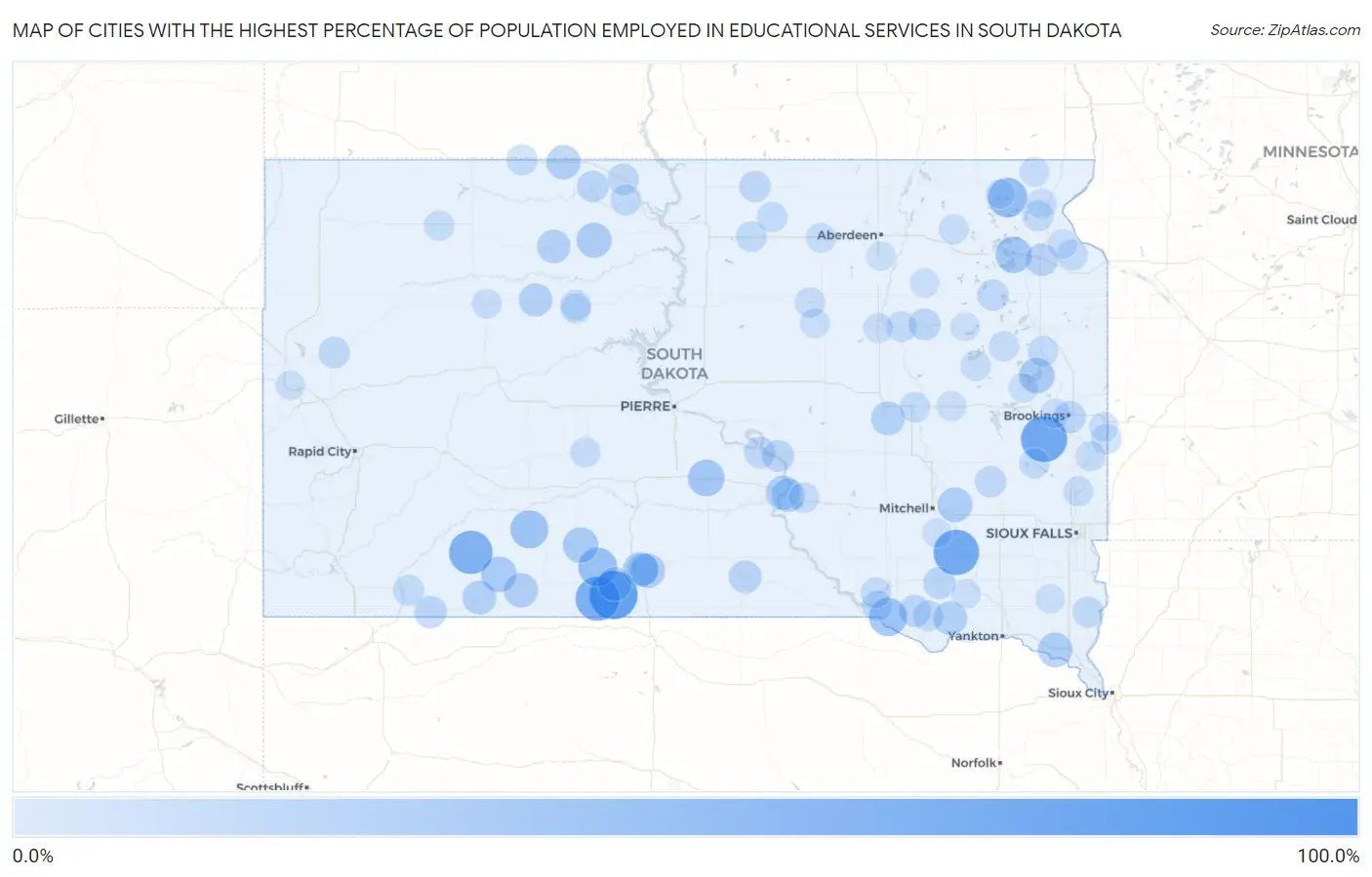 Cities with the Highest Percentage of Population Employed in Educational Services in South Dakota Map
