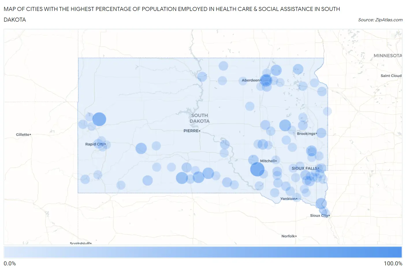 Cities with the Highest Percentage of Population Employed in Health Care & Social Assistance in South Dakota Map