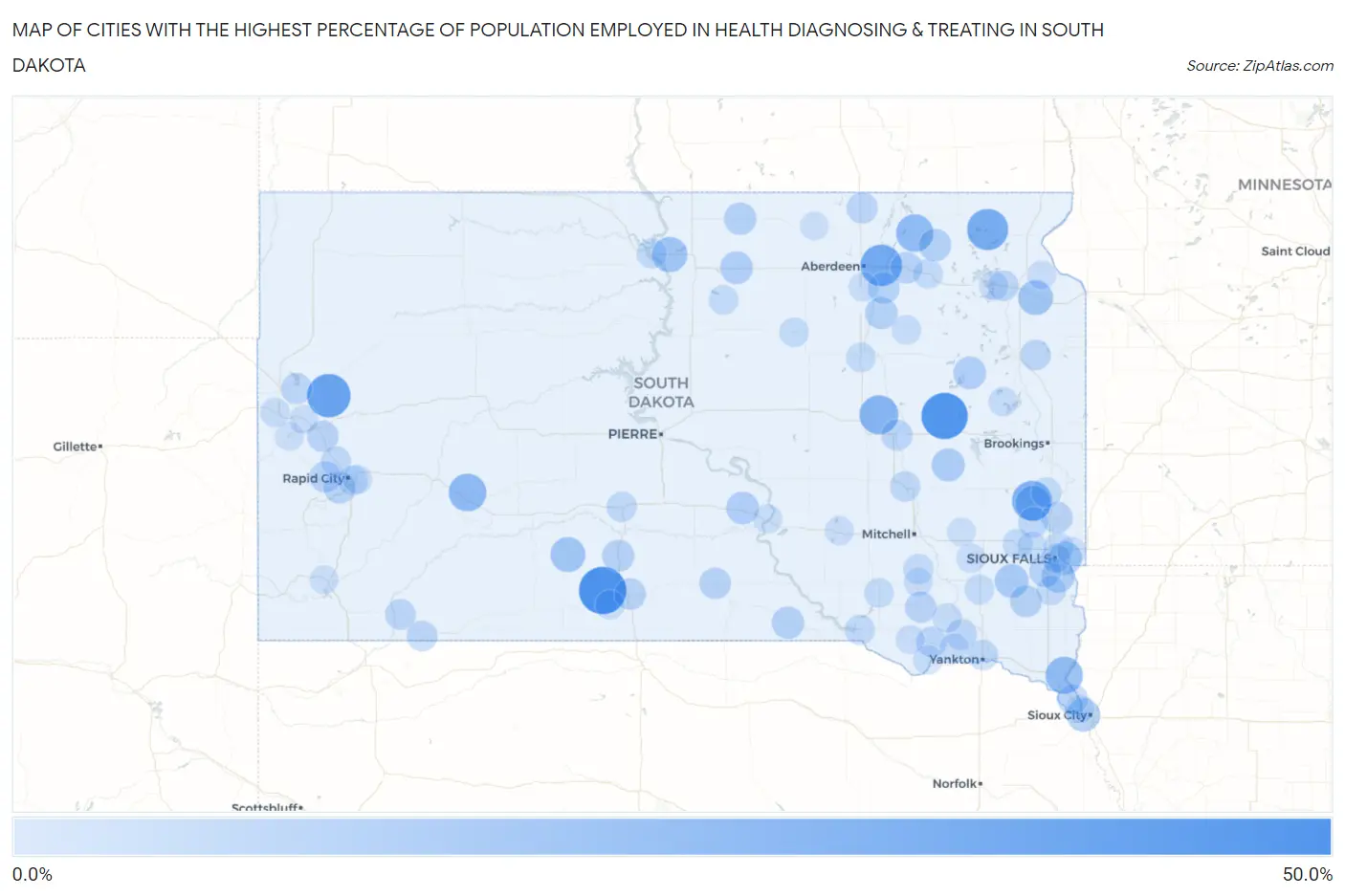 Cities with the Highest Percentage of Population Employed in Health Diagnosing & Treating in South Dakota Map