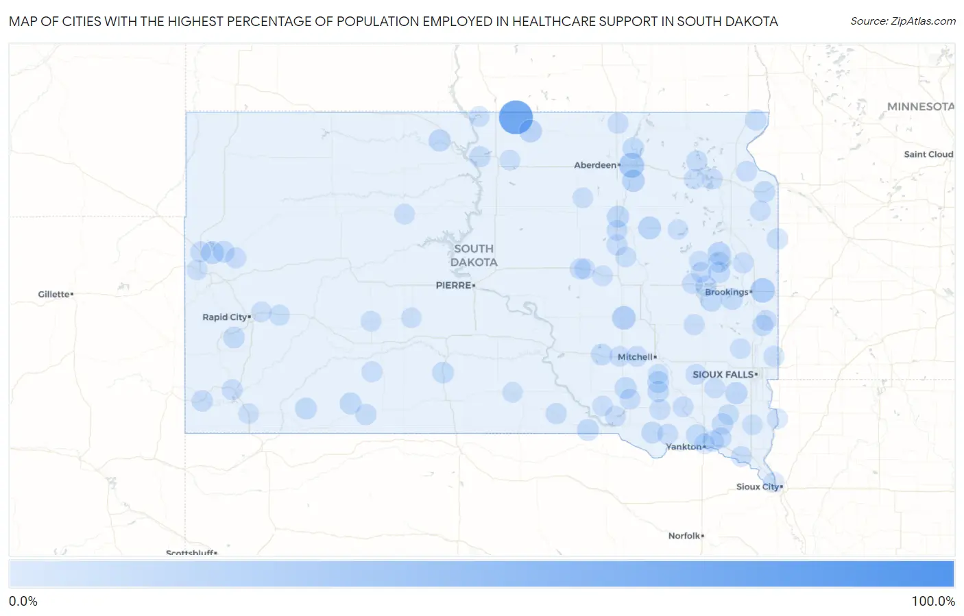 Cities with the Highest Percentage of Population Employed in Healthcare Support in South Dakota Map