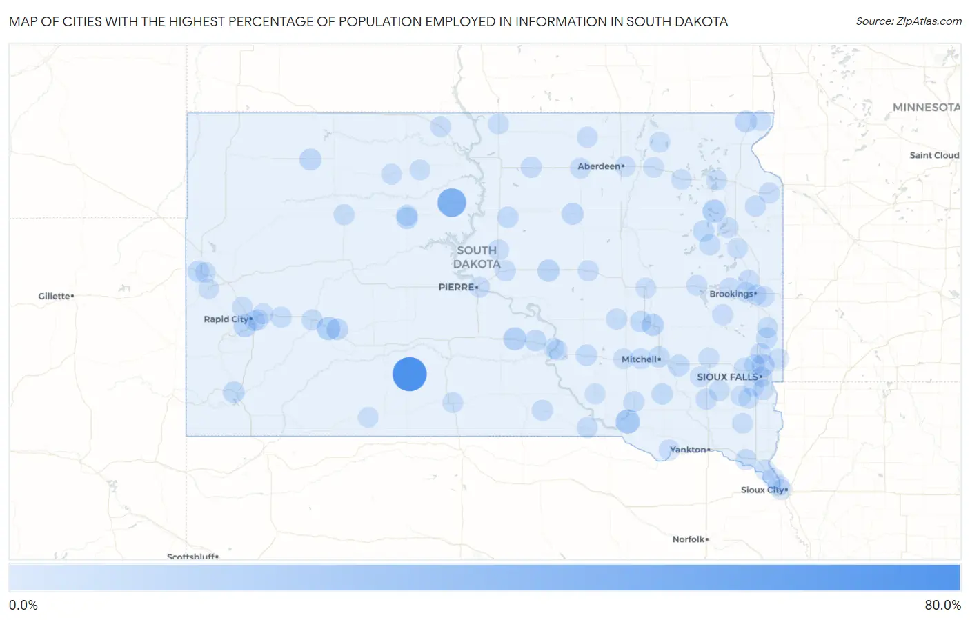 Cities with the Highest Percentage of Population Employed in Information in South Dakota Map