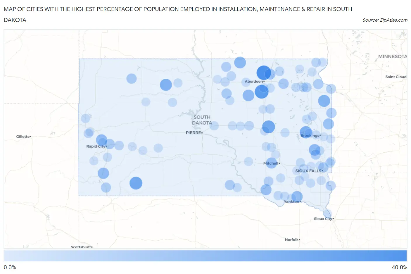 Cities with the Highest Percentage of Population Employed in Installation, Maintenance & Repair in South Dakota Map