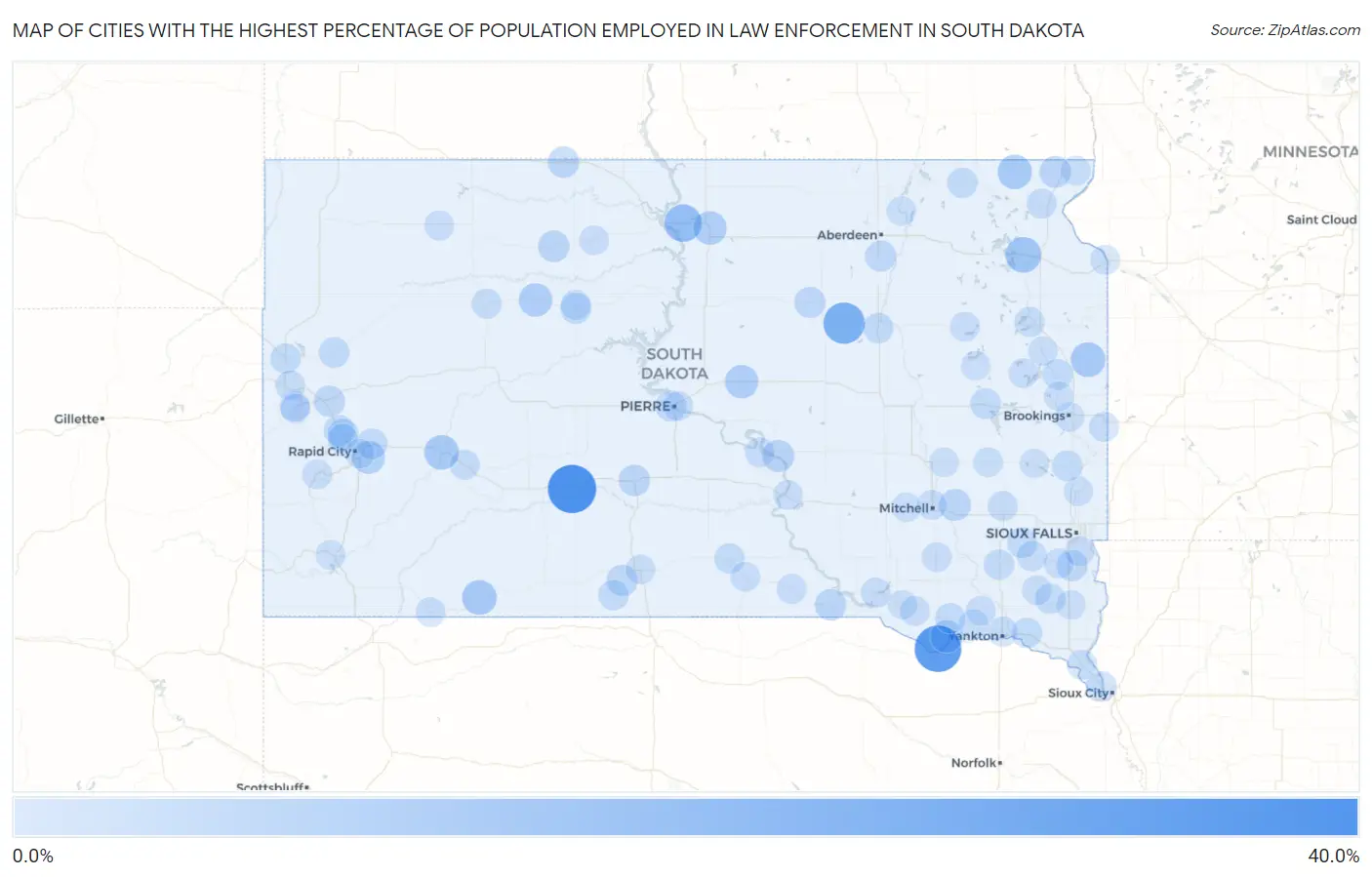 Cities with the Highest Percentage of Population Employed in Law Enforcement in South Dakota Map