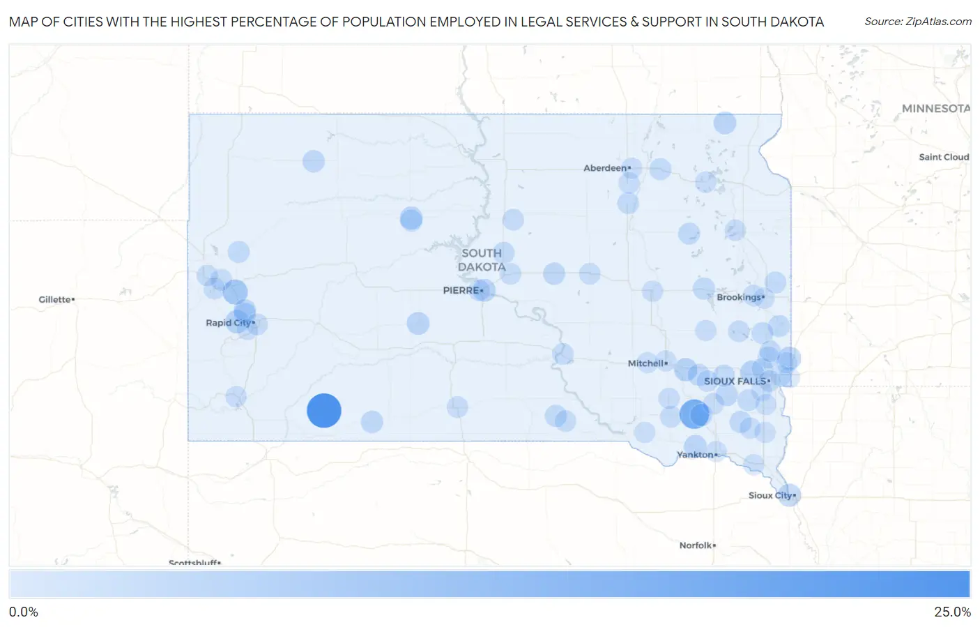 Cities with the Highest Percentage of Population Employed in Legal Services & Support in South Dakota Map