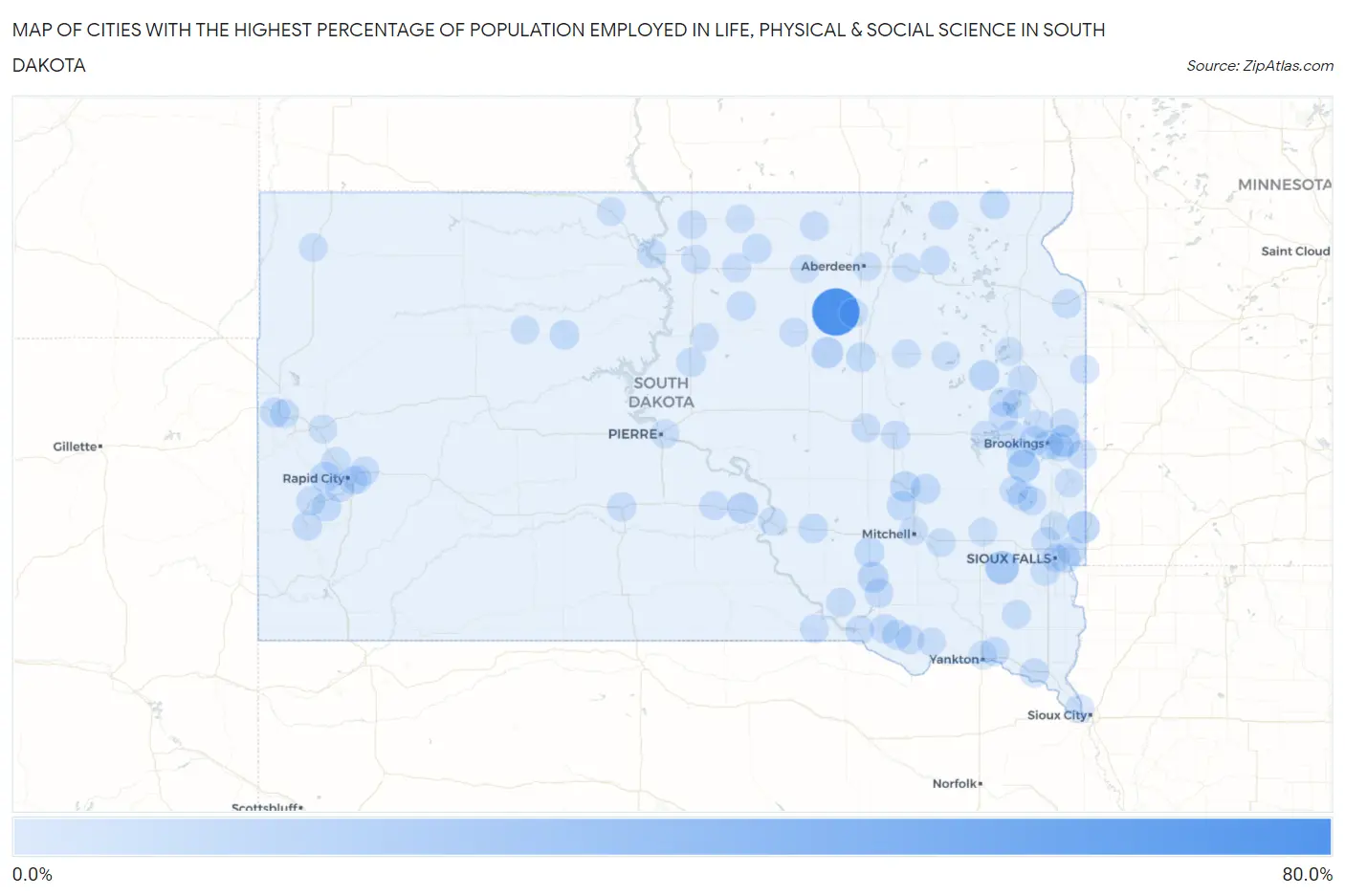 Cities with the Highest Percentage of Population Employed in Life, Physical & Social Science in South Dakota Map