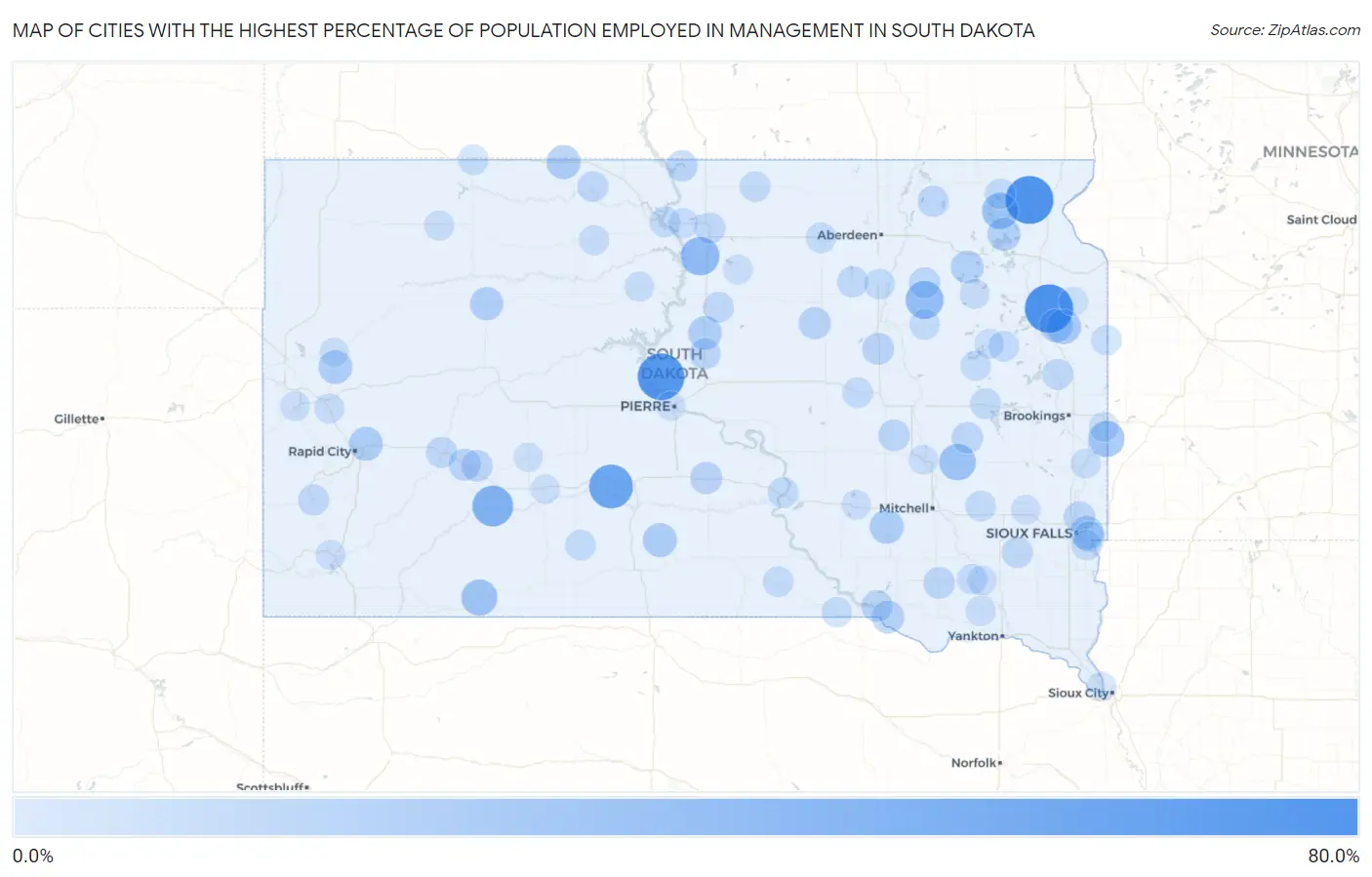 Cities with the Highest Percentage of Population Employed in Management in South Dakota Map