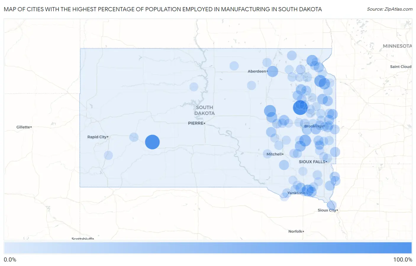 Cities with the Highest Percentage of Population Employed in Manufacturing in South Dakota Map