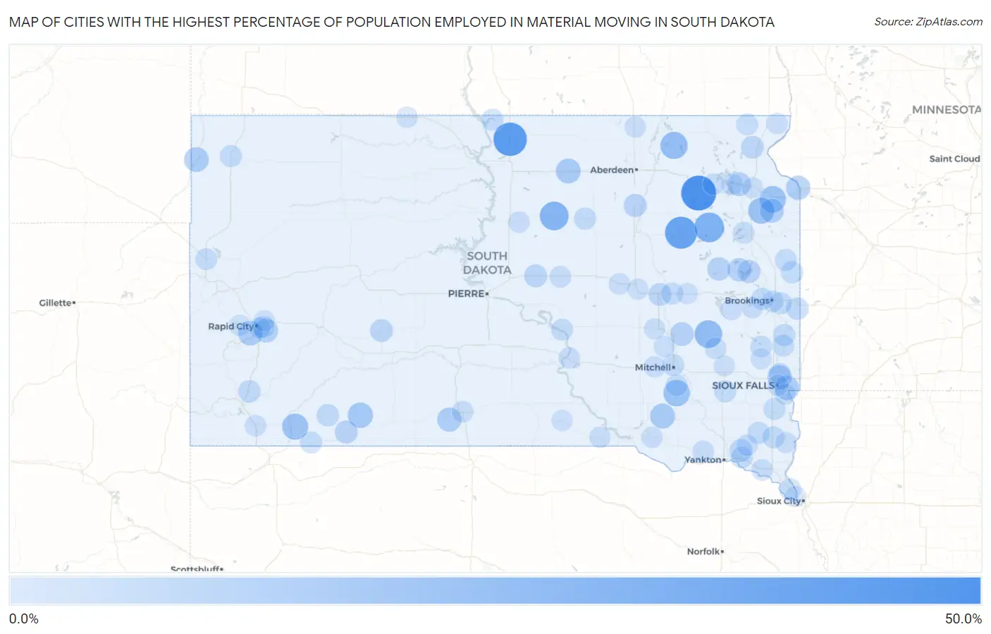 Cities with the Highest Percentage of Population Employed in Material Moving in South Dakota Map