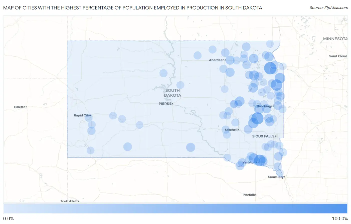 Cities with the Highest Percentage of Population Employed in Production in South Dakota Map
