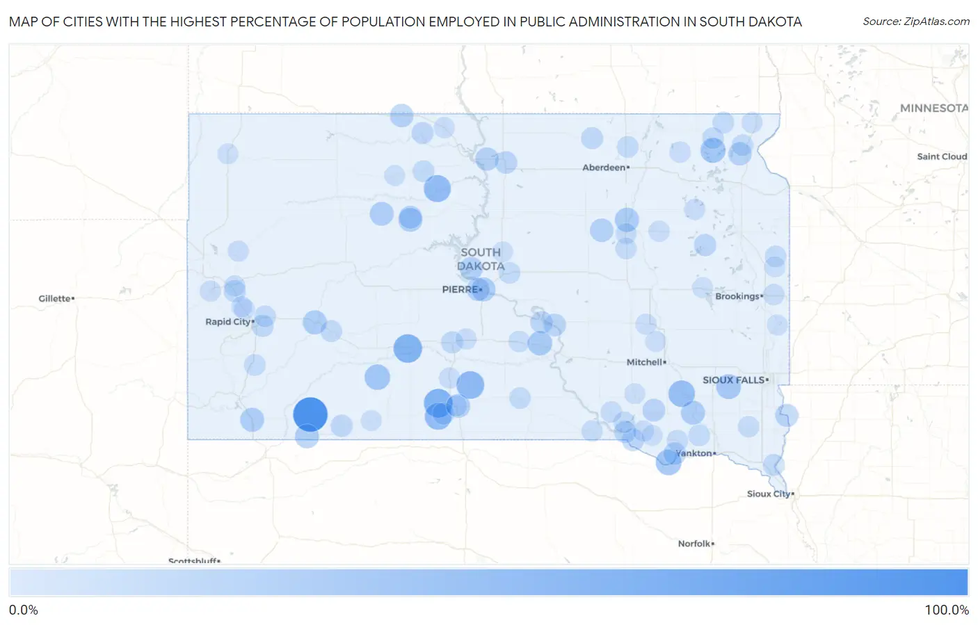 Cities with the Highest Percentage of Population Employed in Public Administration in South Dakota Map