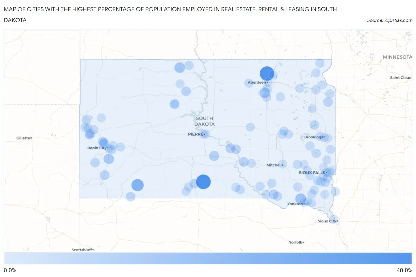 Cities with the Highest Percentage of Population Employed in Real Estate, Rental & Leasing in South Dakota Map