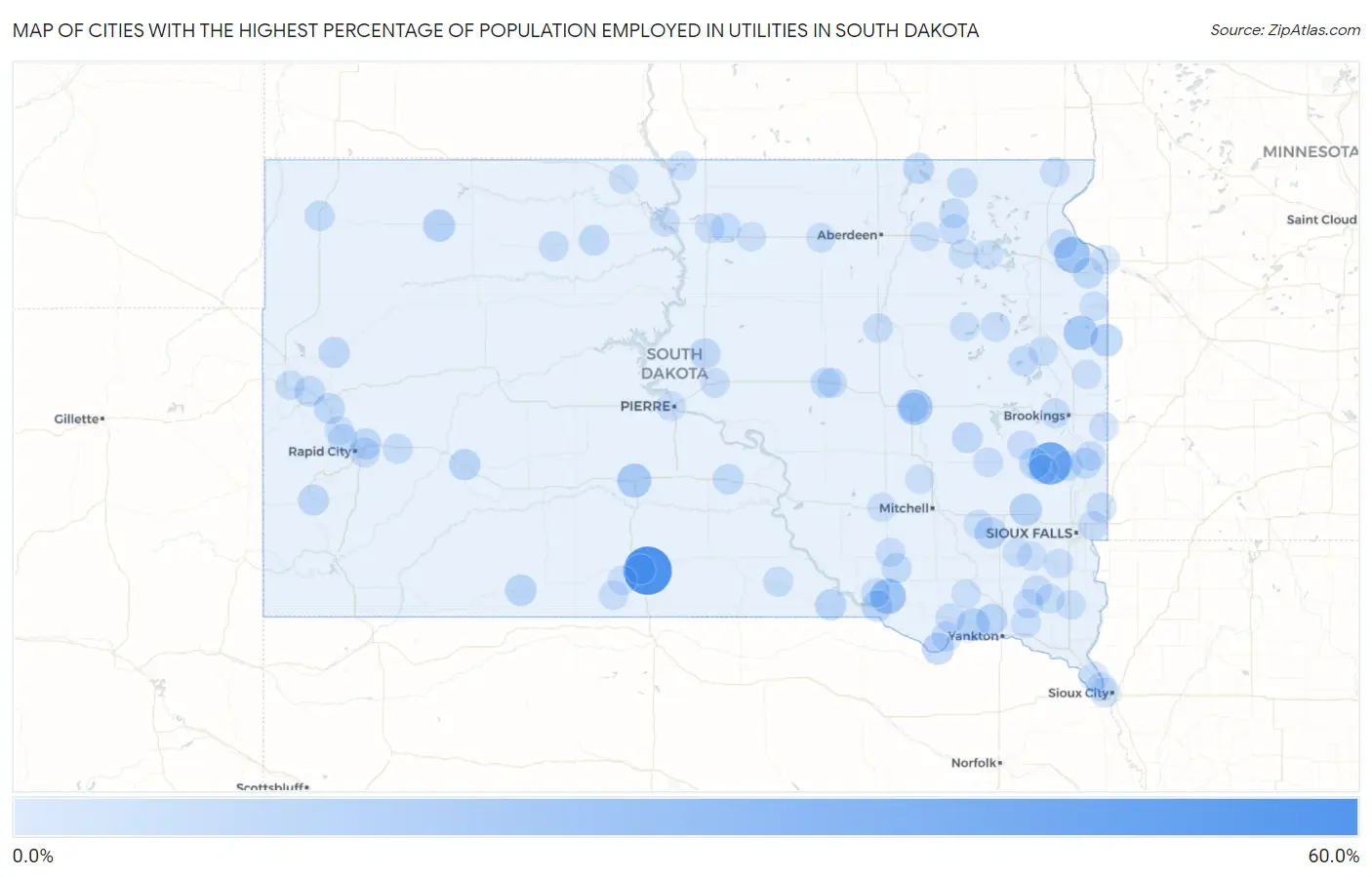 Cities with the Highest Percentage of Population Employed in Utilities in South Dakota Map