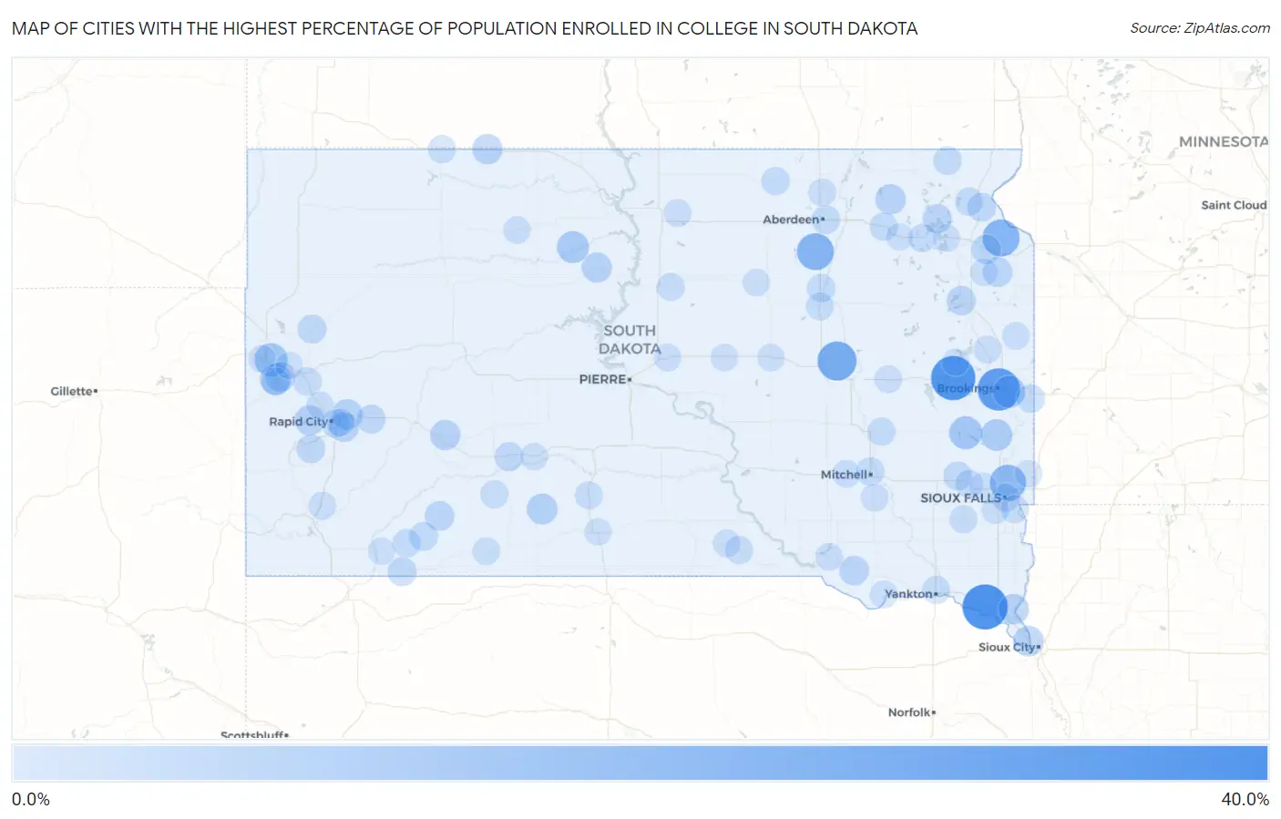 Cities with the Highest Percentage of Population Enrolled in College in South Dakota Map