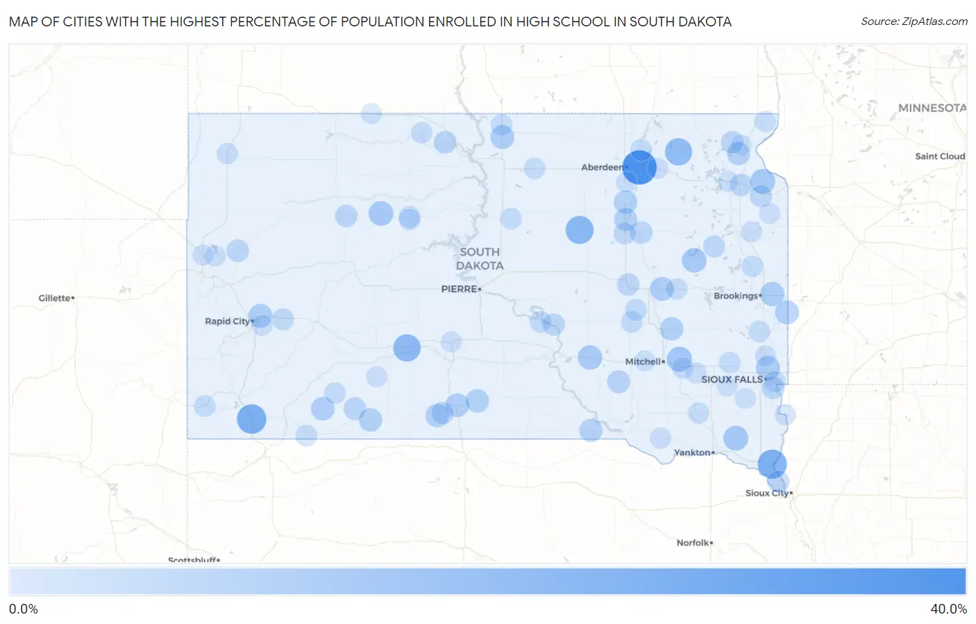 Cities with the Highest Percentage of Population Enrolled in High School in South Dakota Map