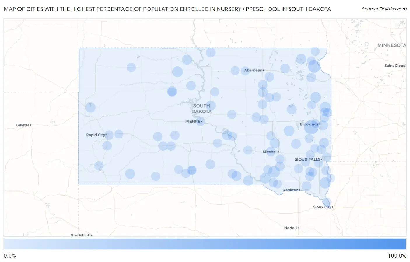 Cities with the Highest Percentage of Population Enrolled in Nursery / Preschool in South Dakota Map