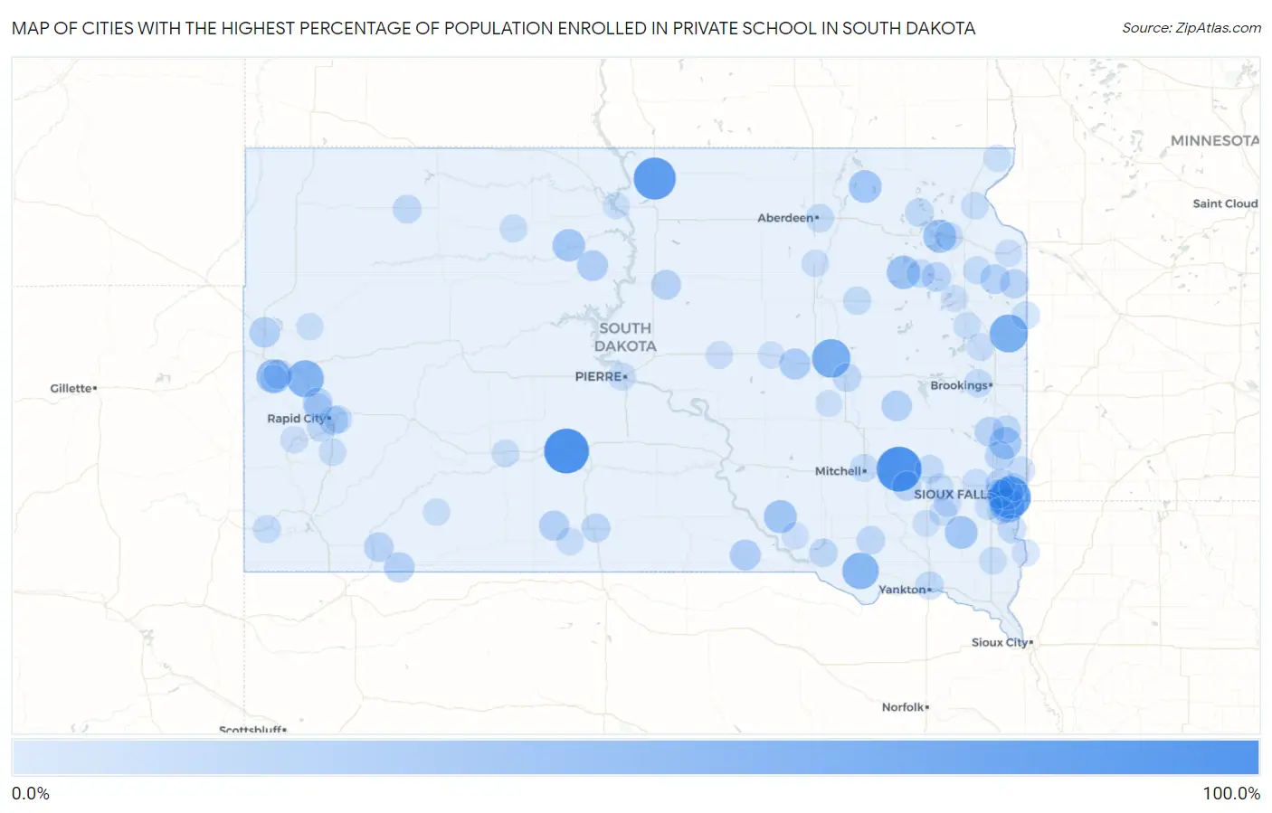 Cities with the Highest Percentage of Population Enrolled in Private School in South Dakota Map
