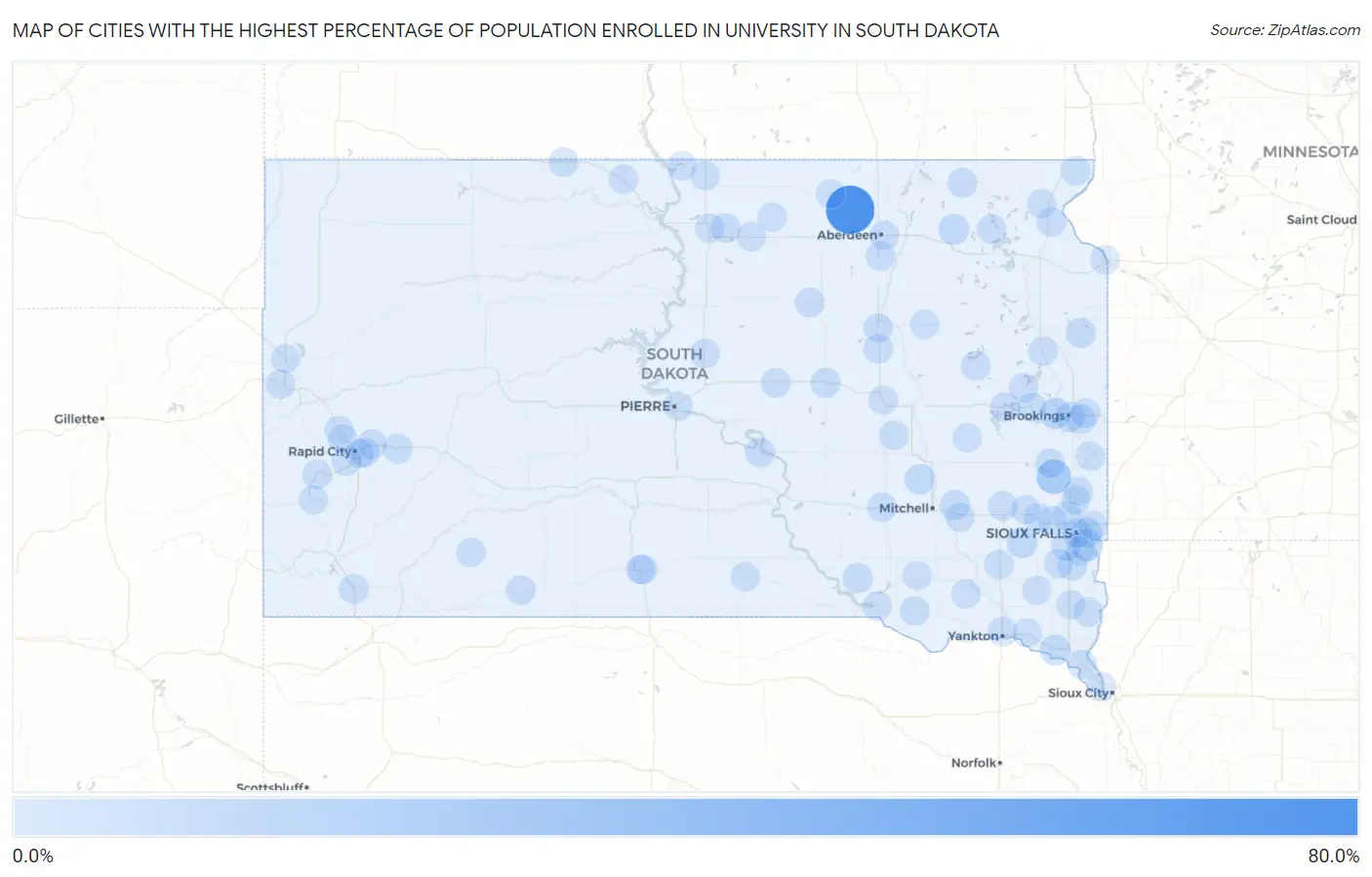 Cities with the Highest Percentage of Population Enrolled in University in South Dakota Map