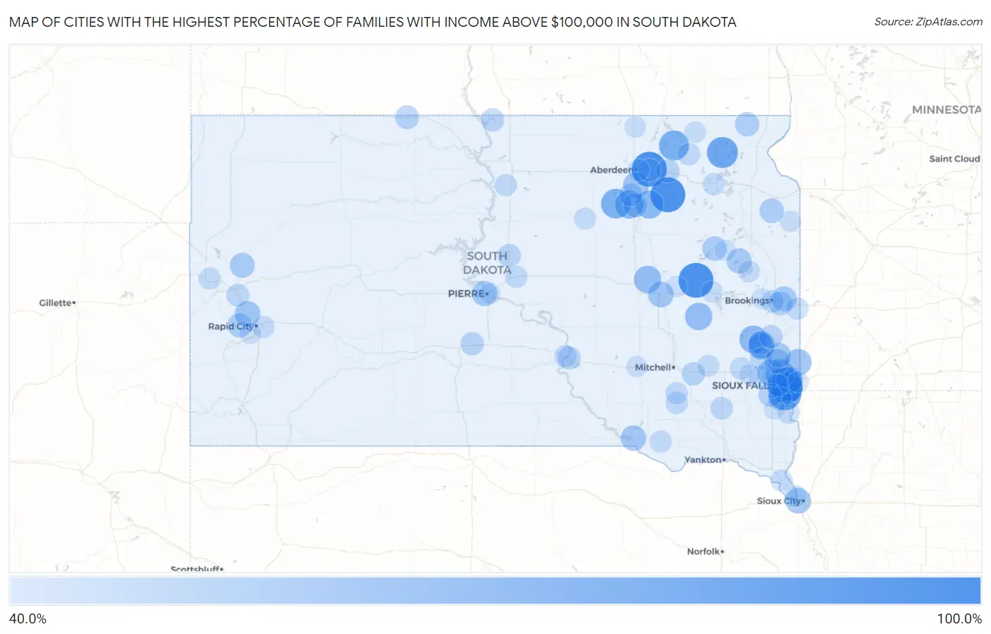 Cities with the Highest Percentage of Families with Income Above $100,000 in South Dakota Map