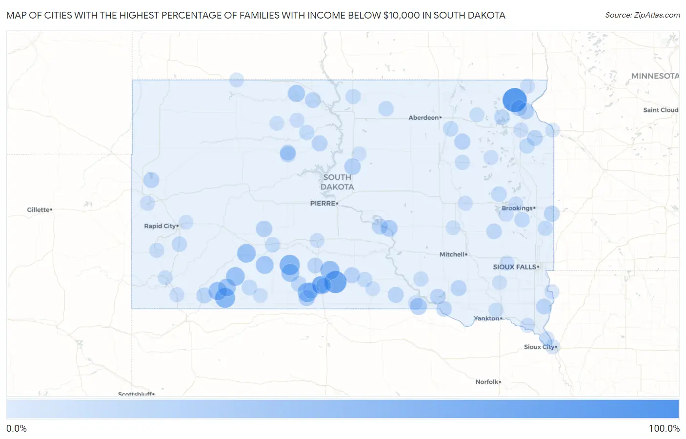Cities with the Highest Percentage of Families with Income Below $10,000 in South Dakota Map