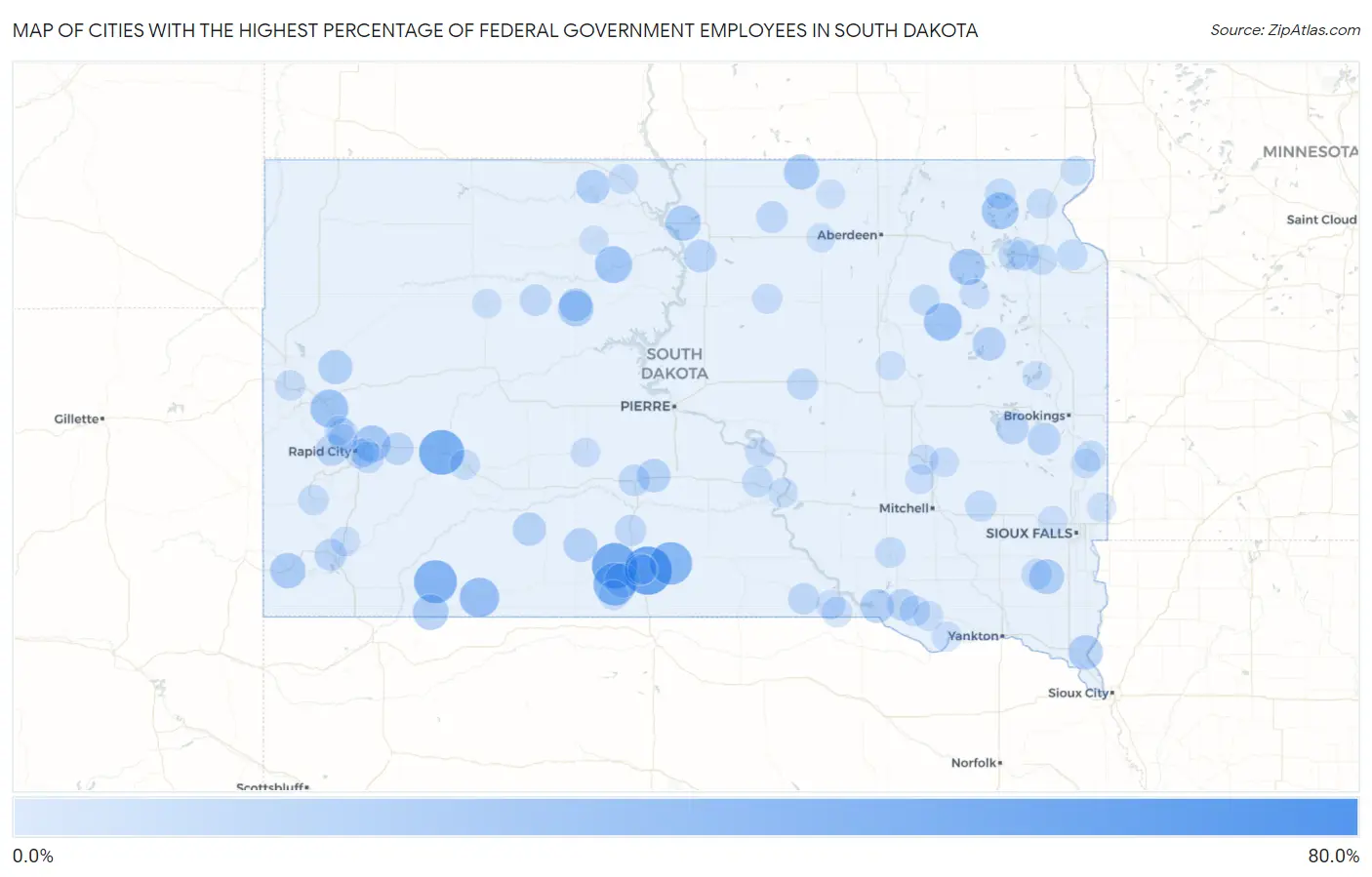 Cities with the Highest Percentage of Federal Government Employees in South Dakota Map