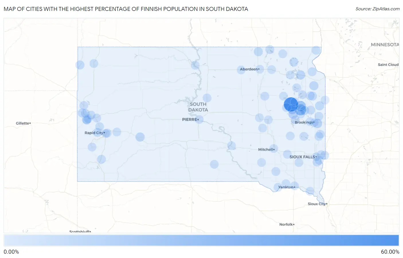 Cities with the Highest Percentage of Finnish Population in South Dakota Map