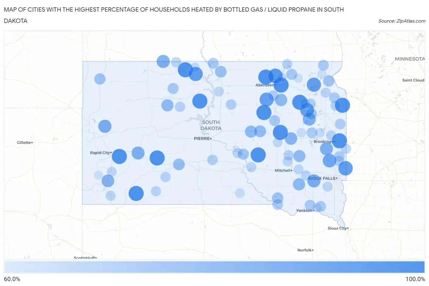 Cities with the Highest Percentage of Households Heated by Bottled Gas / Liquid Propane in South Dakota Map